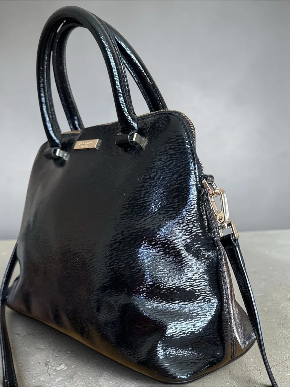 Kate Spade New York Black Patent Leather Satchel Crossbody Bag Zip Top Gold Logo